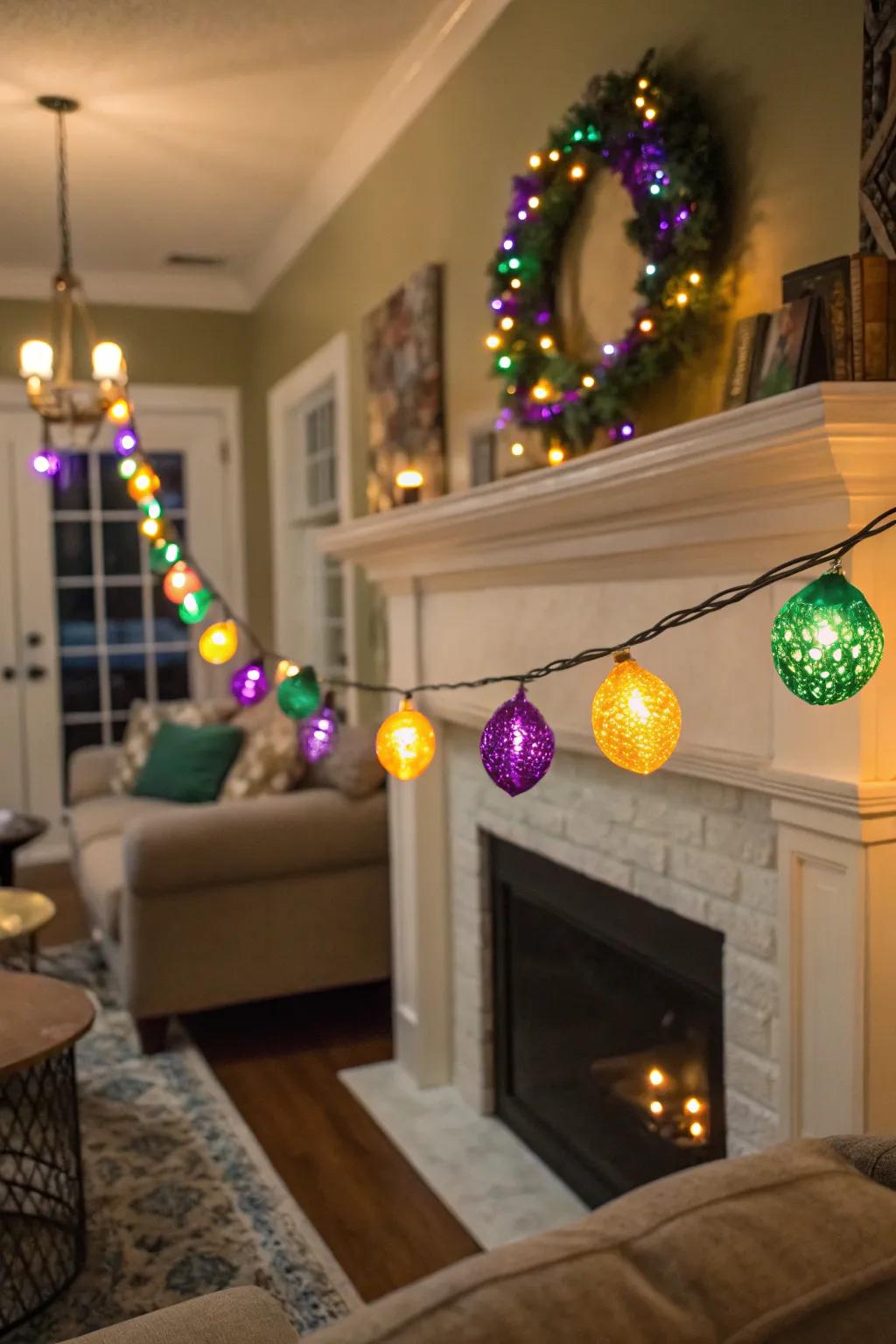 Strand luminaries contribute a delicate, festive shimmer to any Mardi Gras revelry.