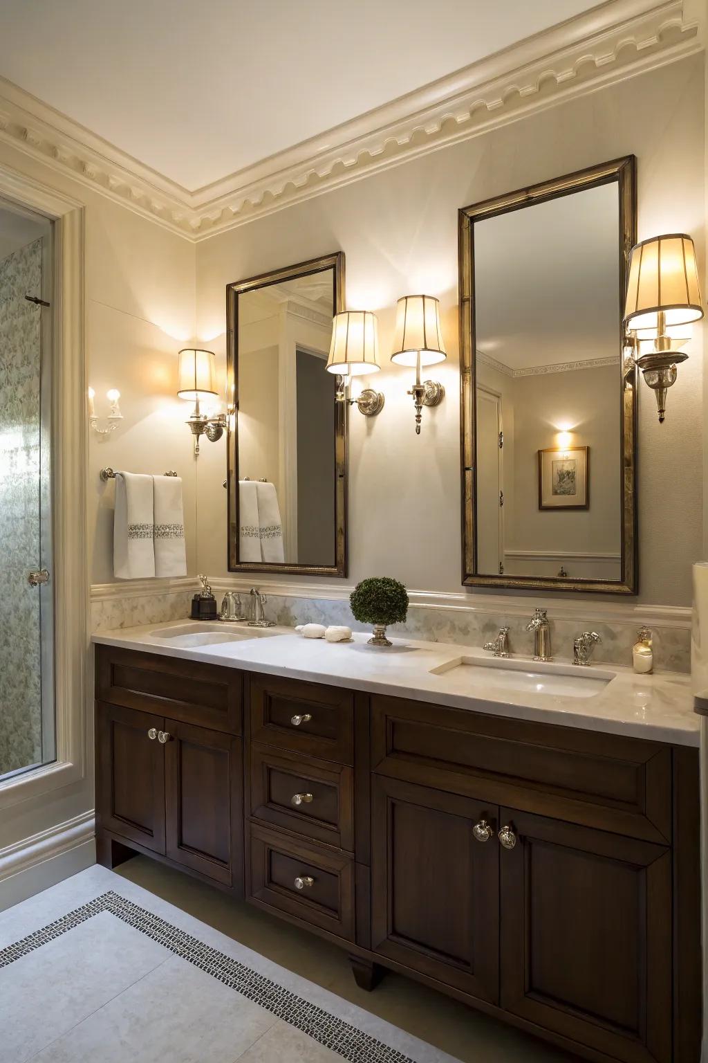 A bathroom that uses elegant sconce lighting to highlight the vanity.