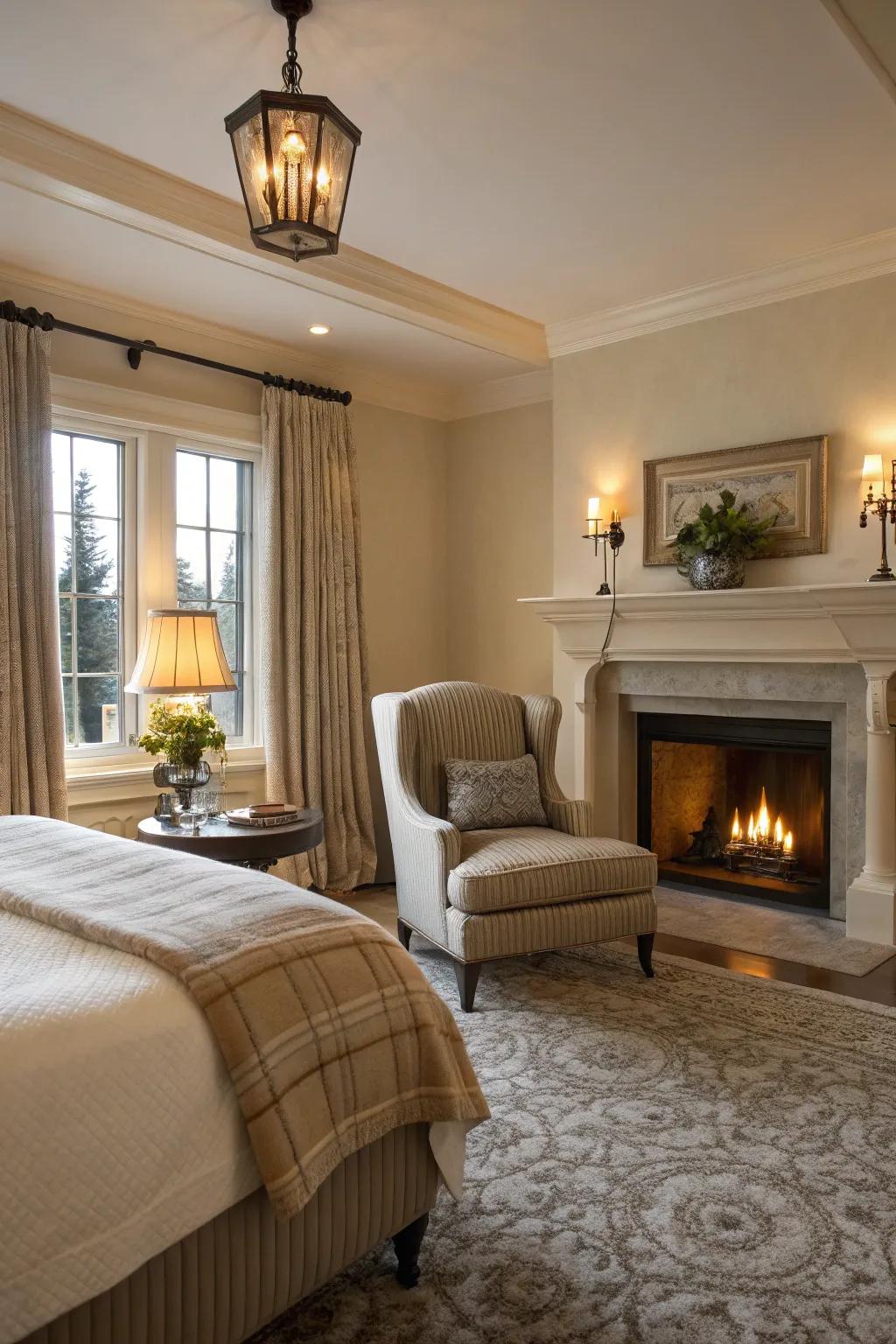 Construct an inviting nook using seating arrangements by the hearth.