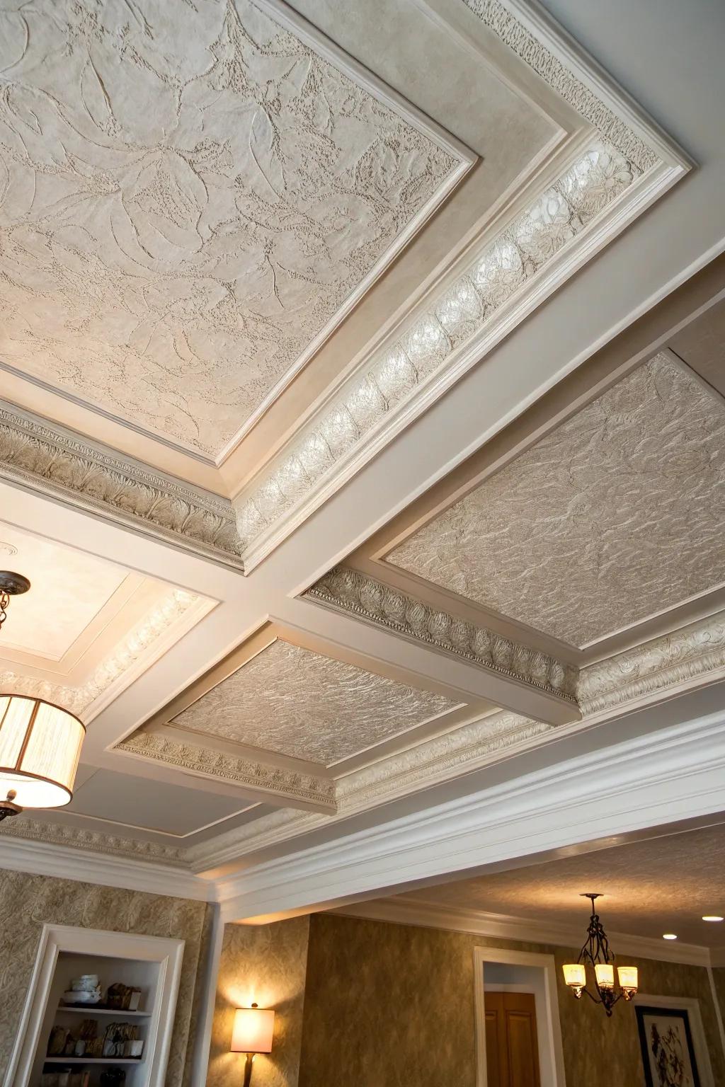Textural components can transform your stepped ceiling into a visual masterpiece.