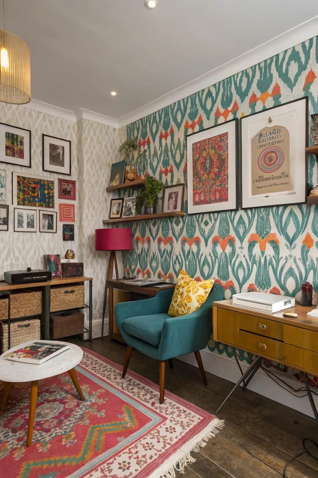 Ethnic style wall covering adds a bohemian touch to a creative work area.