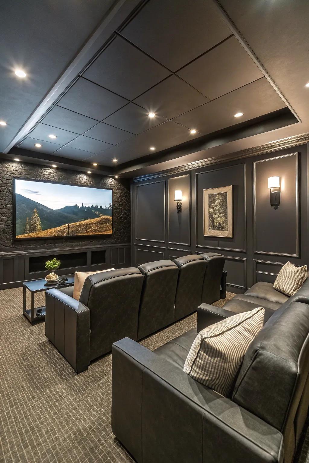 A commanding media room featuring soot walls, ideal for those seeking a dramatic statement.
