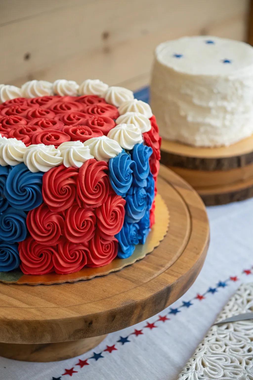 Ruffled icing in patriotic colors enhances this cake with dimension and elegance.