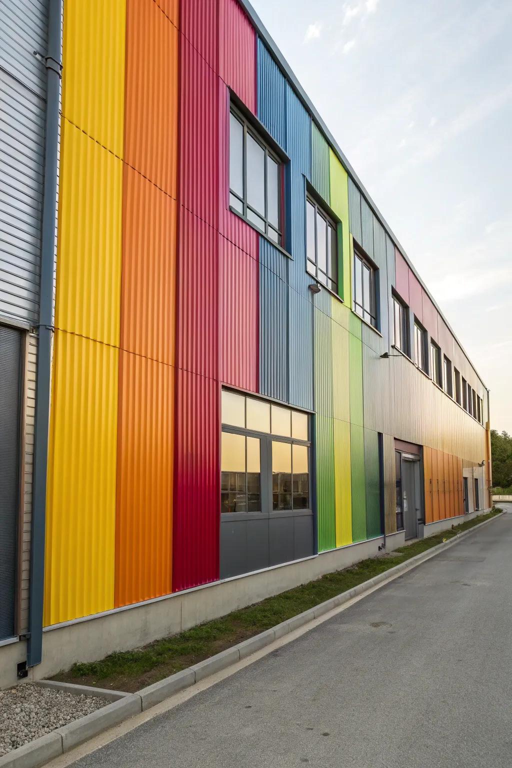 Vibrant shades customize and invigorate this metal facade.