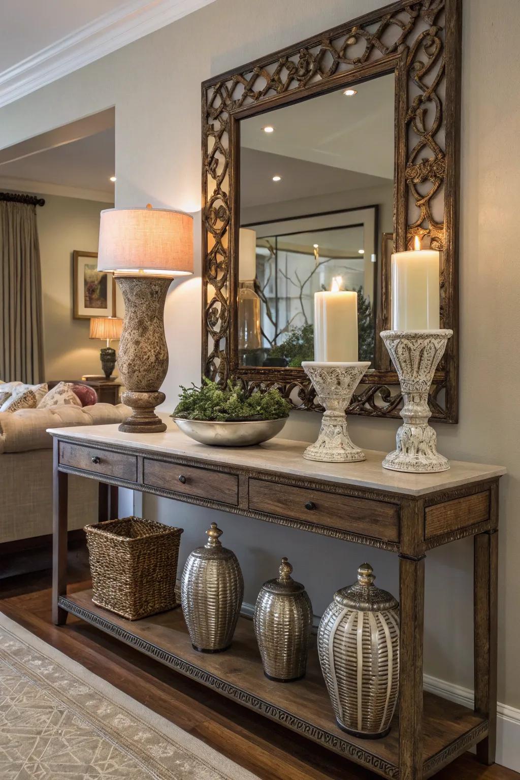 Reflectors above console tables enhance elegance and light.