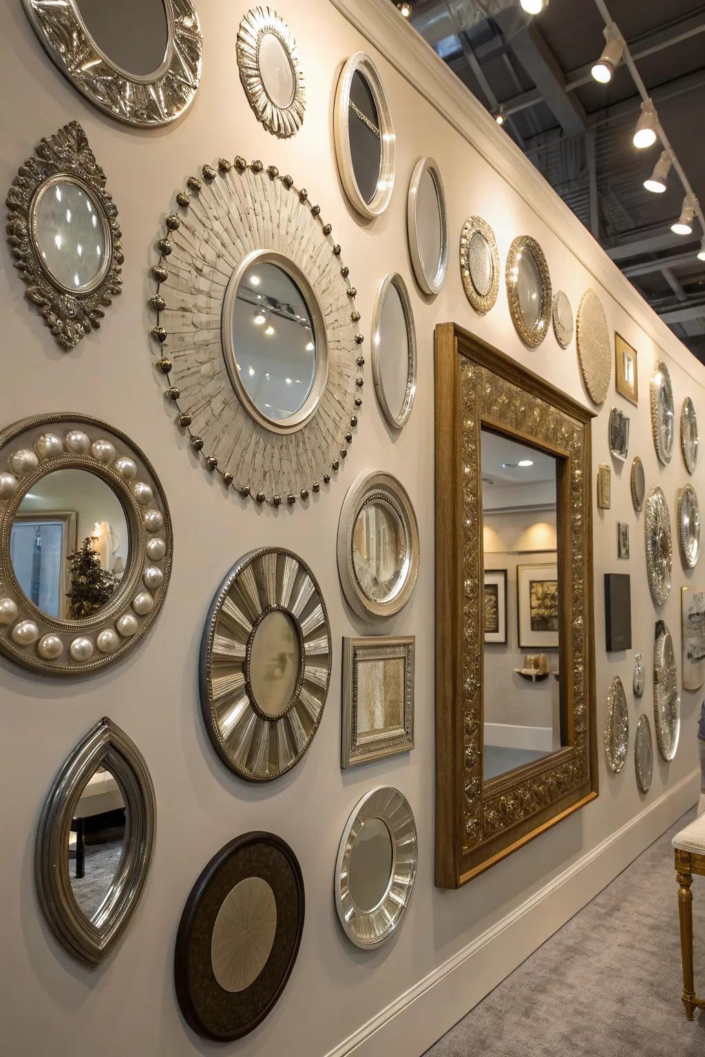 A mirror gallery wall adds character and visual interest.