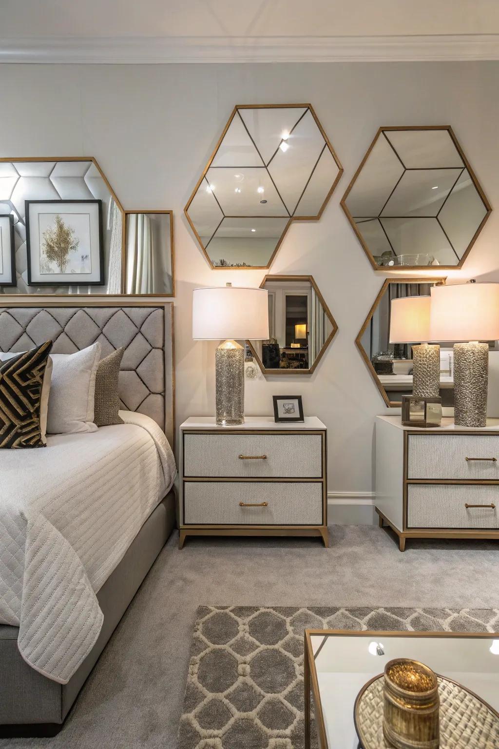 Geometric mirrors add a dynamic and modern flair to the bedroom.