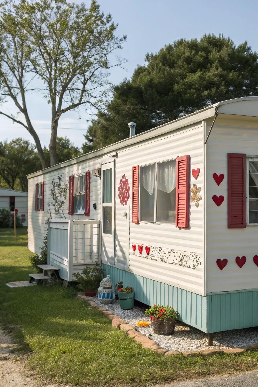 Lively designs on shutters adding charm to a mobile home.