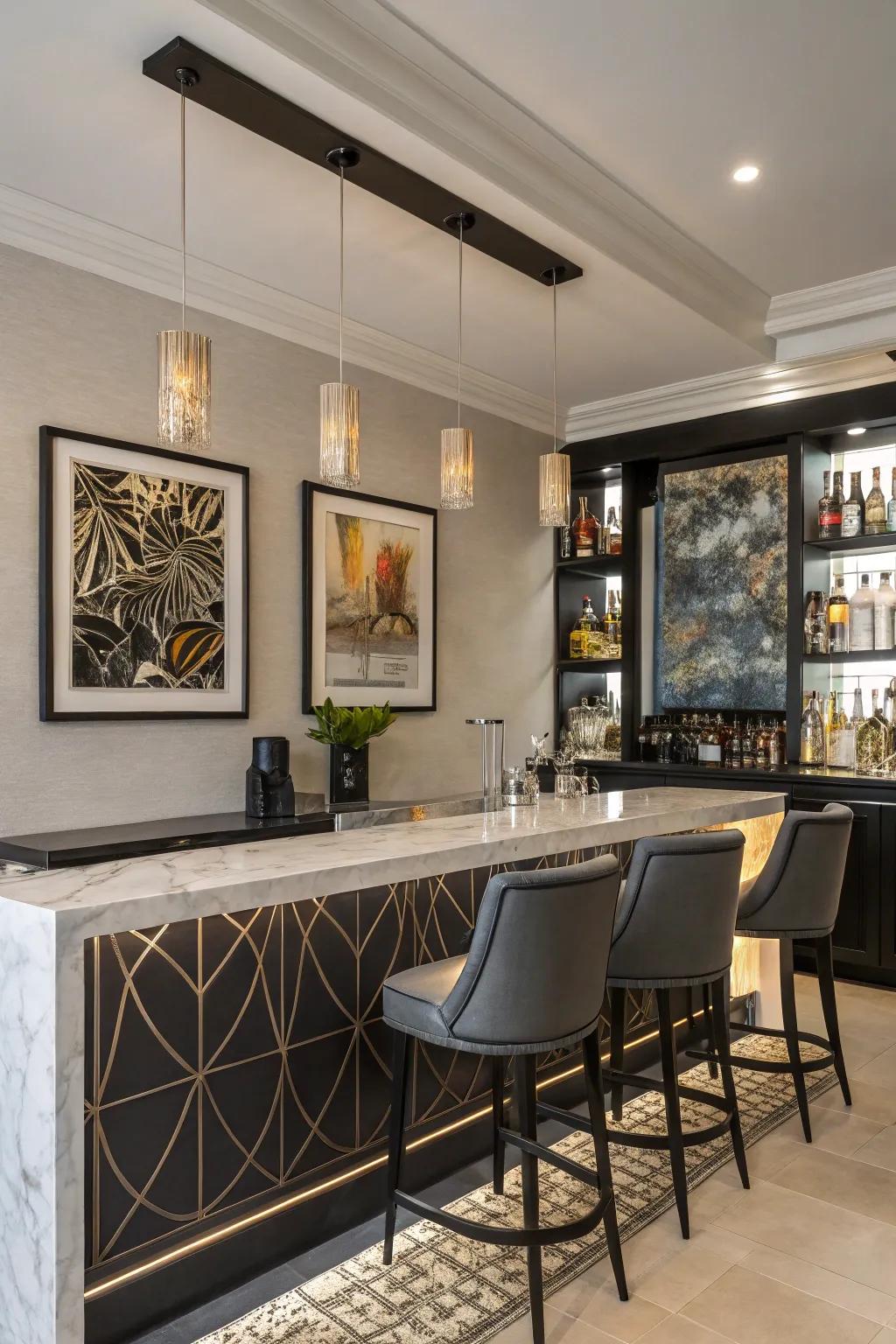 Art and decor adds personality to this modern bar.
