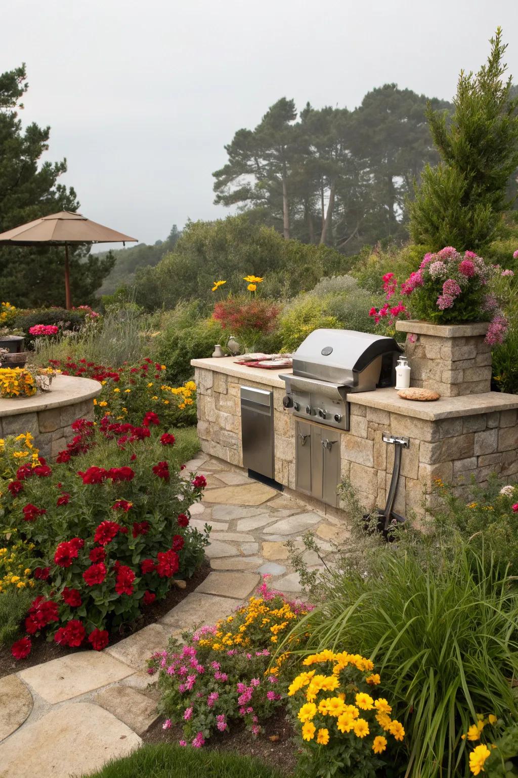 Lush plants create a serene BBQ environment.