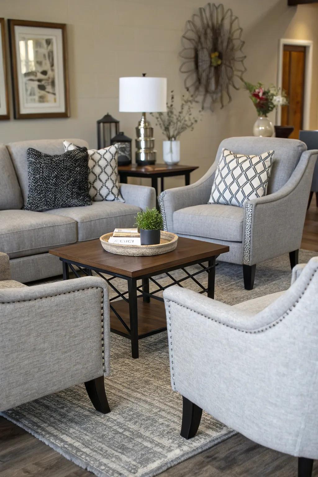 Slate side chairs with dark legs offer attractive seating choices.