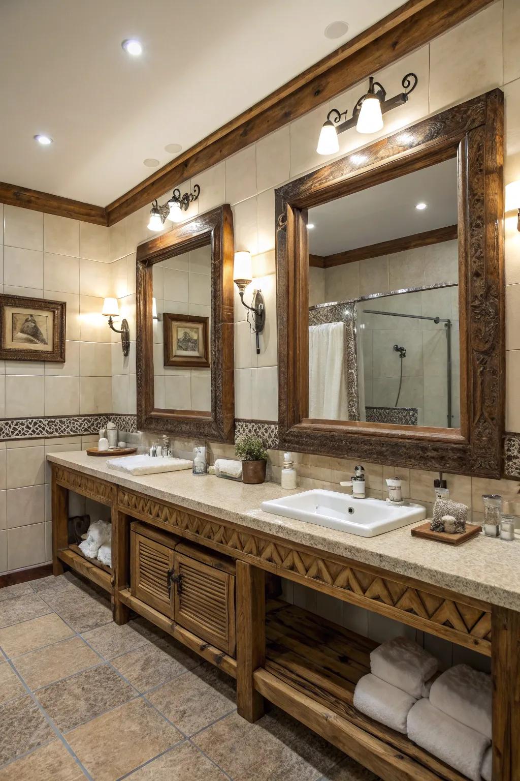 Extra-large mirrors enhance space and light in this rustic bathroom.