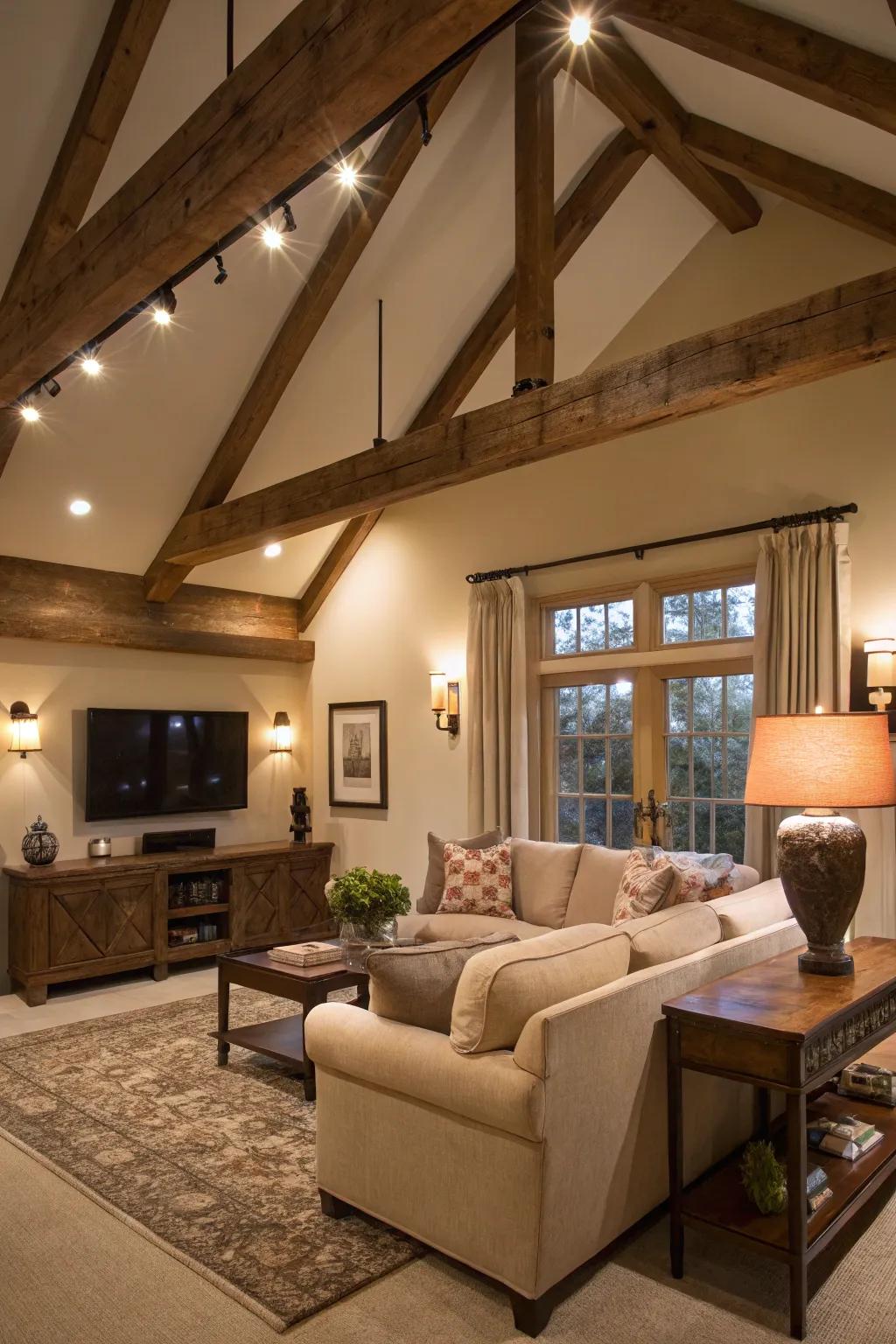 Lighting amplifies the country-inspired allure of revealed girders.