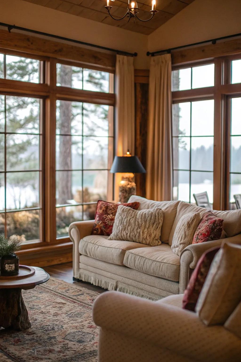 Broad windows bring in natural sunshine, enhancing the open and airy sensation.