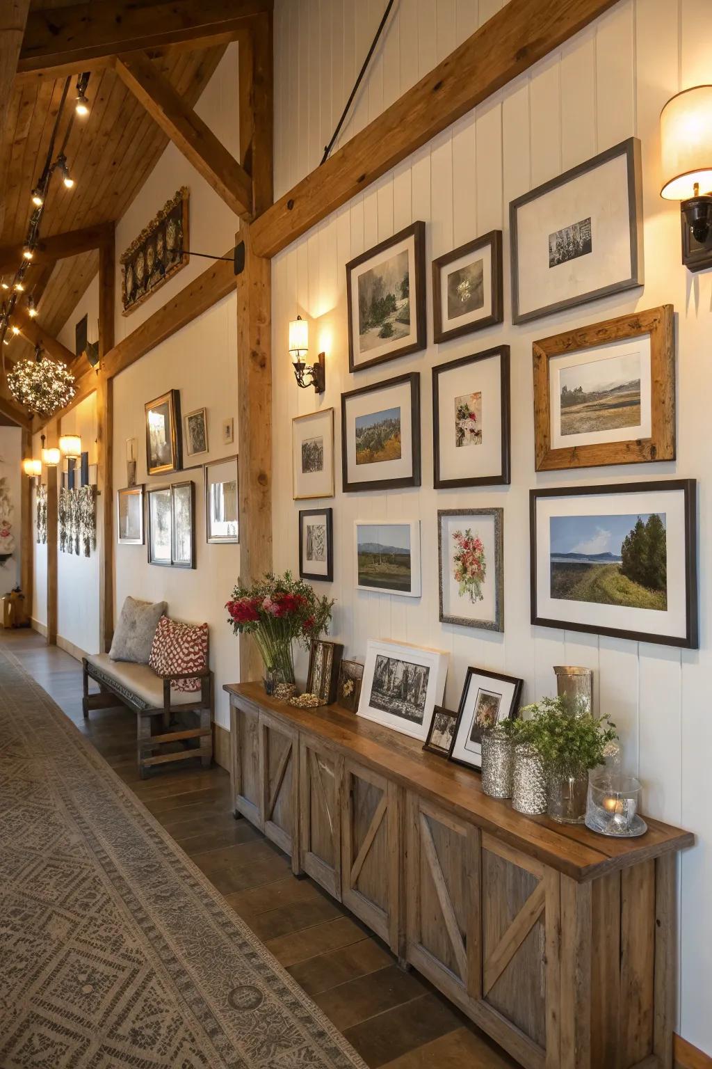 Varied curated wall of art in a modern farmhouse residence.
