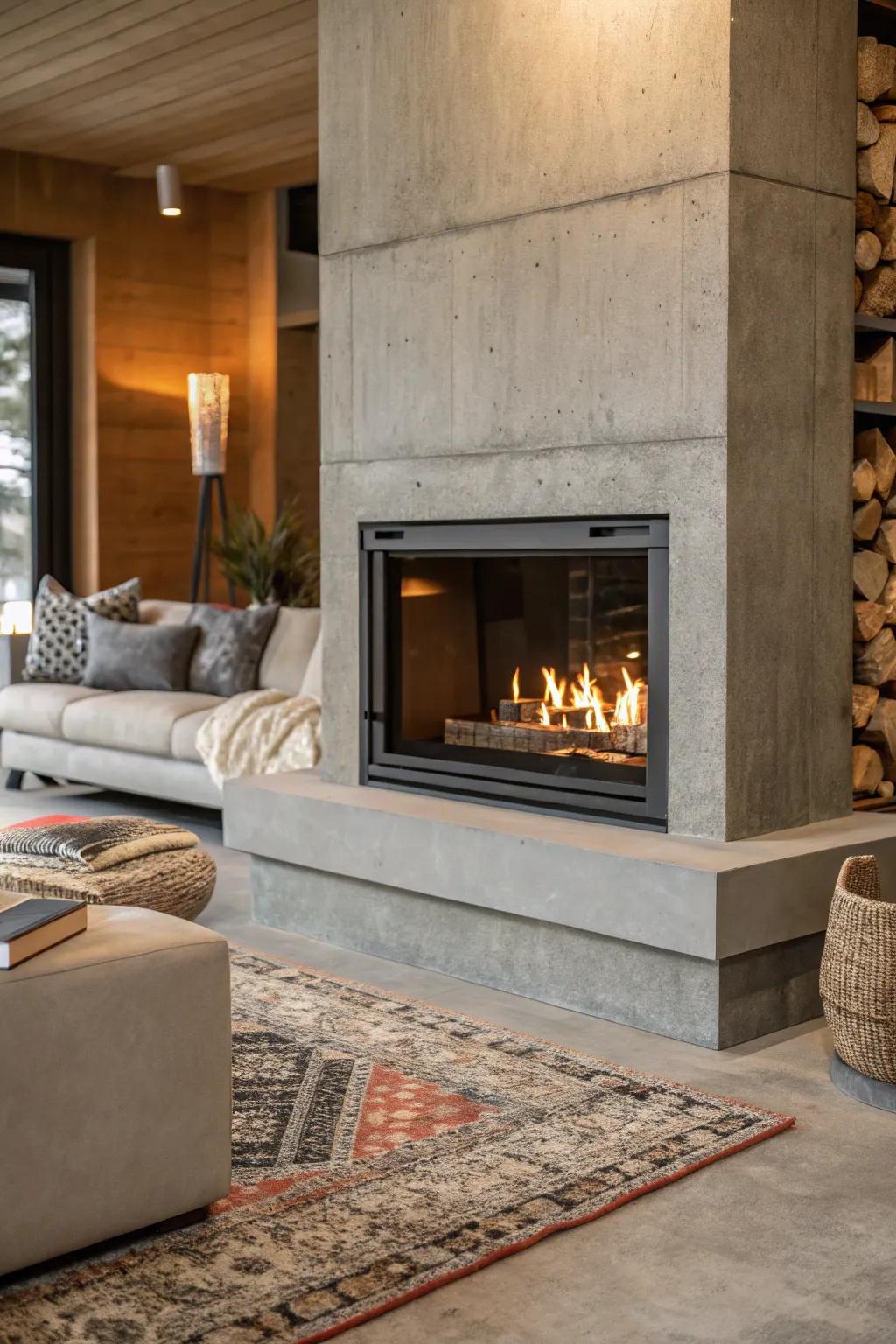 An industrial concrete fireplace adding an edgy touch to the decor.