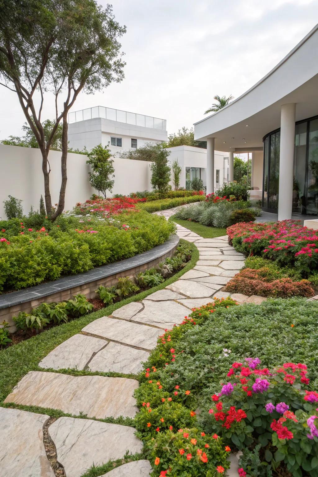 Flower beds flawlessly integrated with hardscaping components.