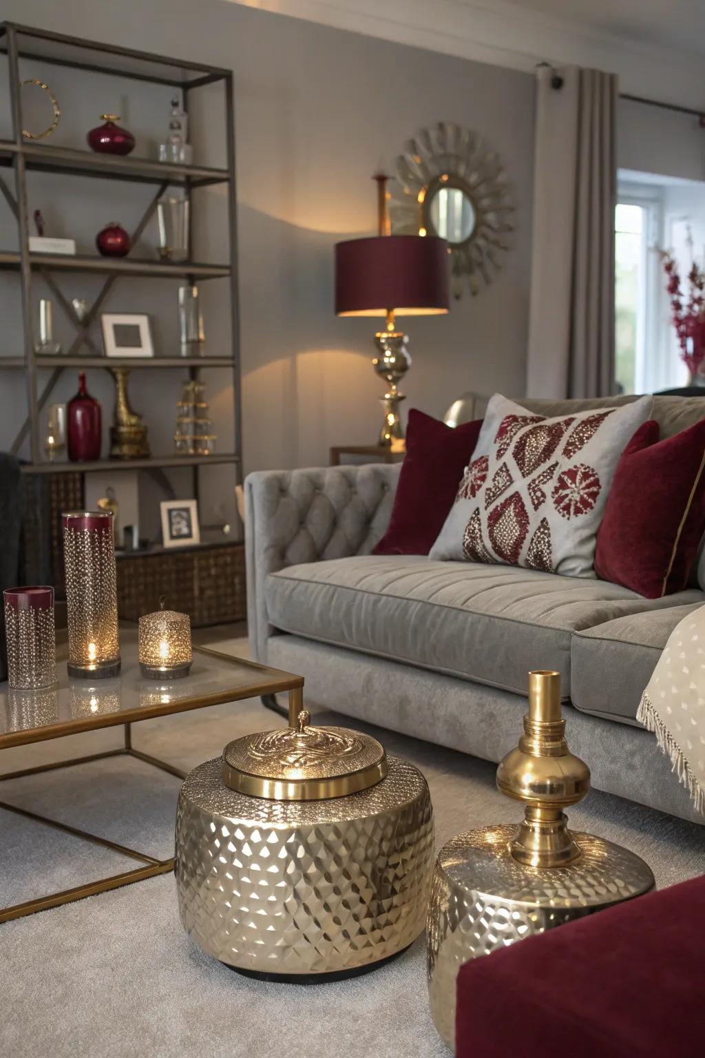 Lounge consisting of metallic parts and a deep red and grey color design.