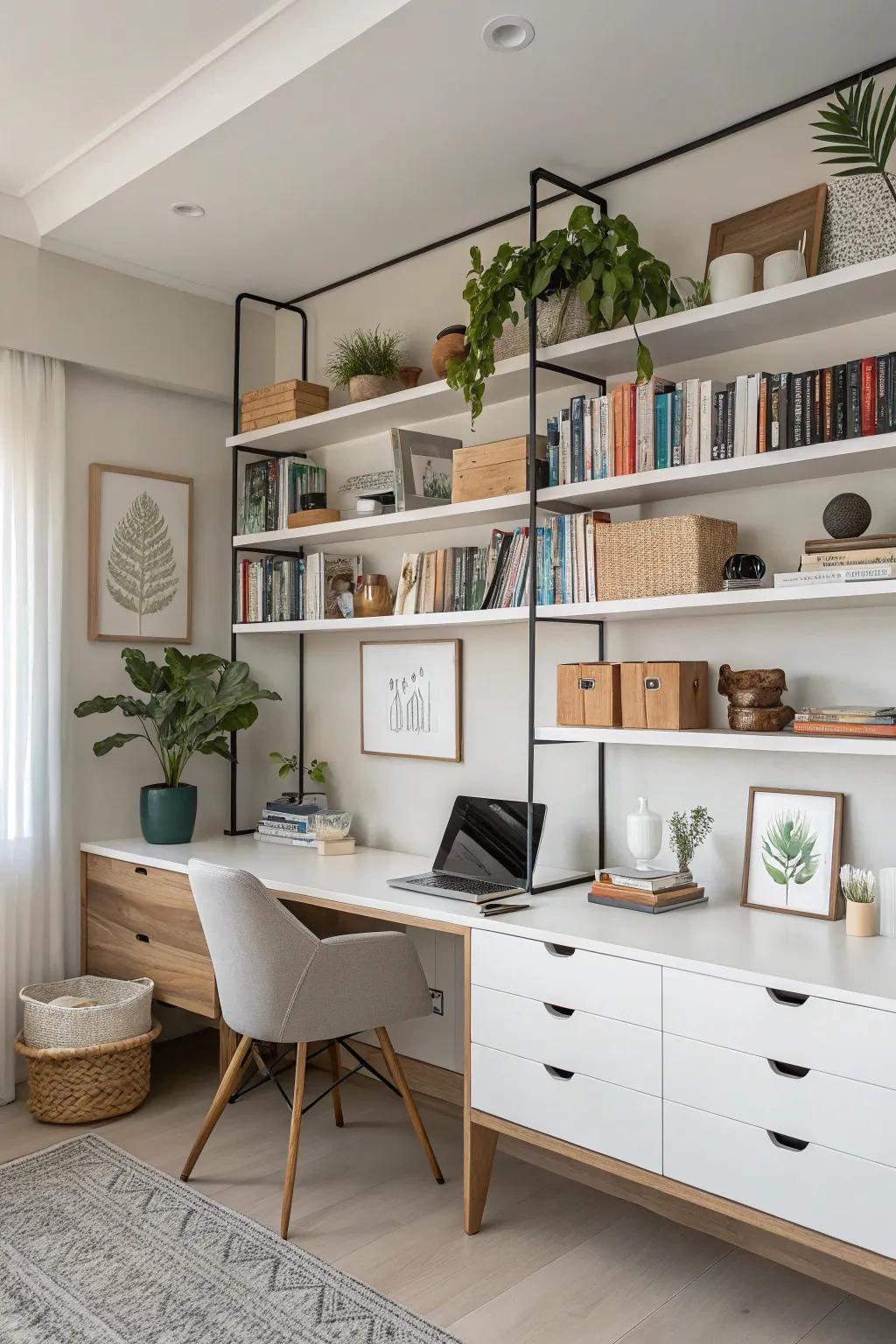 Stylish shelving components featured in a modern home office.
