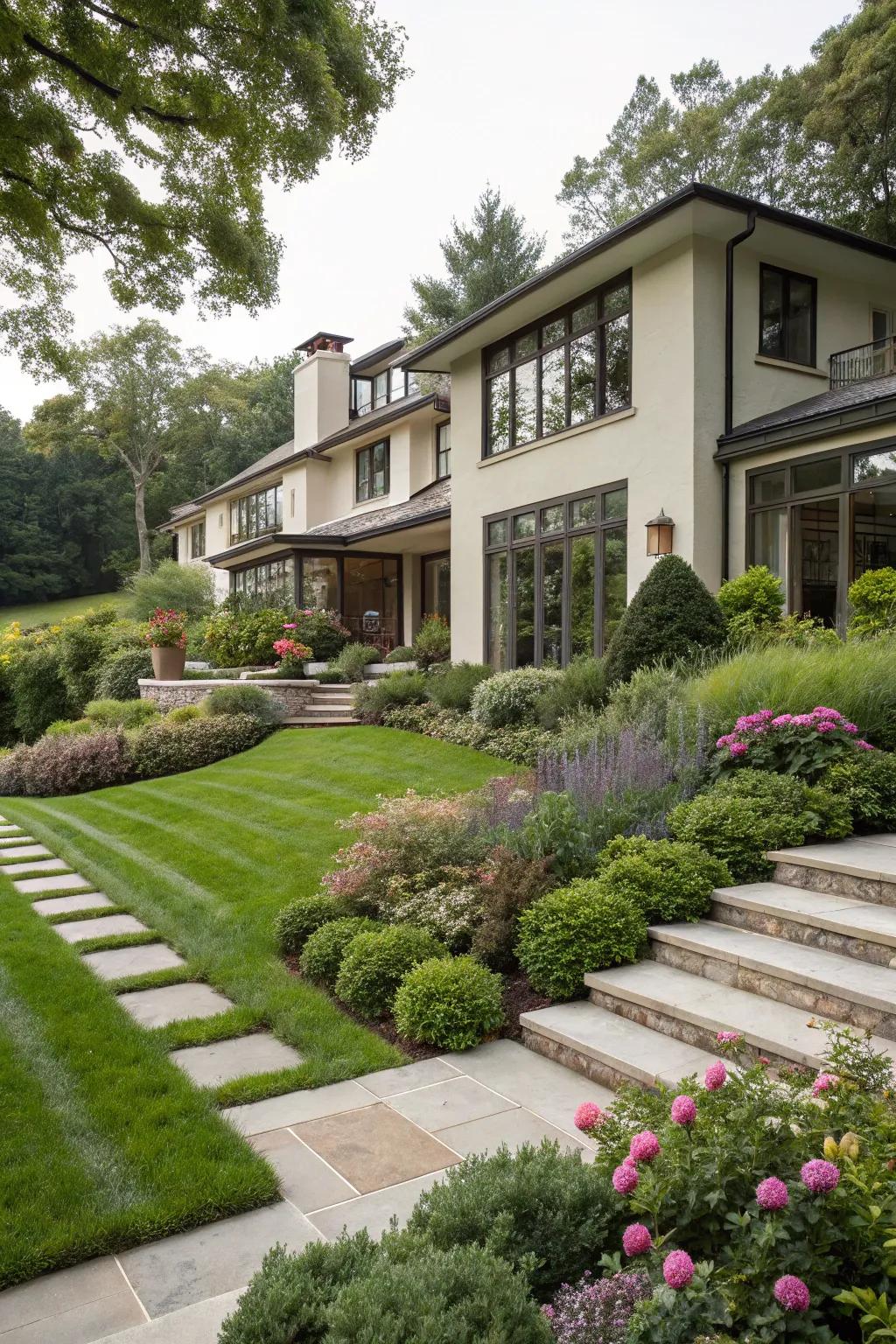 A modern house with thoughtfully integrated landscaping.