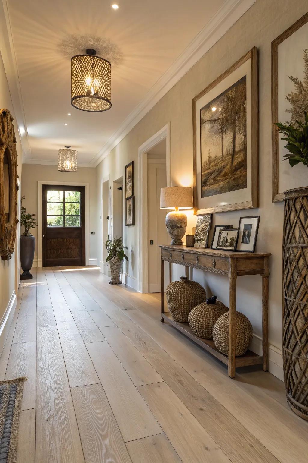 Decorative touches bring character to pale wood floors.