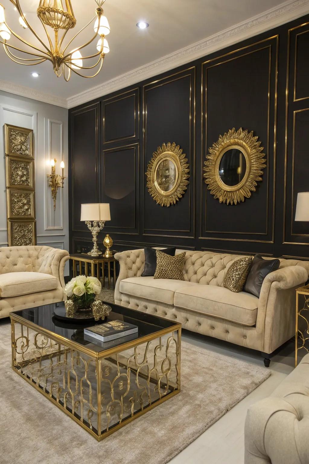 Black and metallic create a dramatic and luxurious feel in this living room.