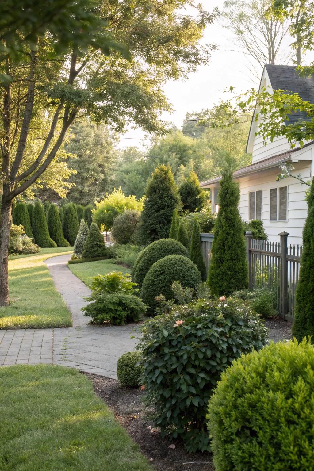 Evergreen plants in a front garden for consistent greenery and minimal upkeep.