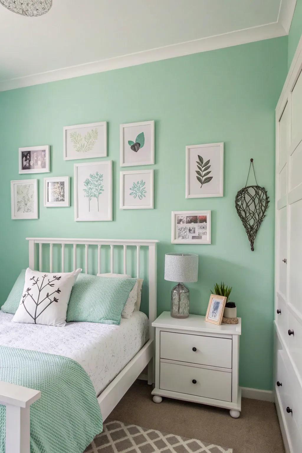 Minimalist art infusing elegance into a soft jade bedroom.