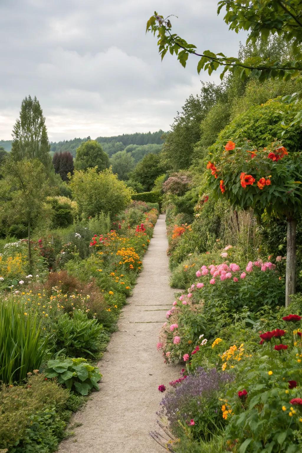 A garden path framed by vibrant vegetation edges for a ecological mix.
