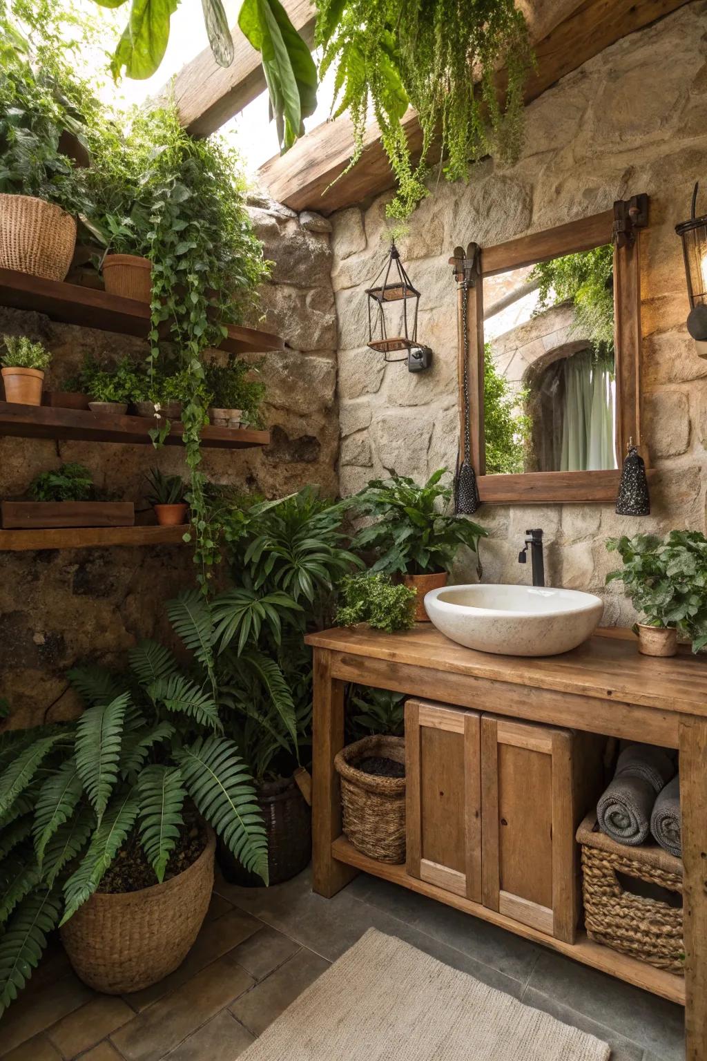 Greenery infuses a natural and revitalizing touch into the rustic decor.