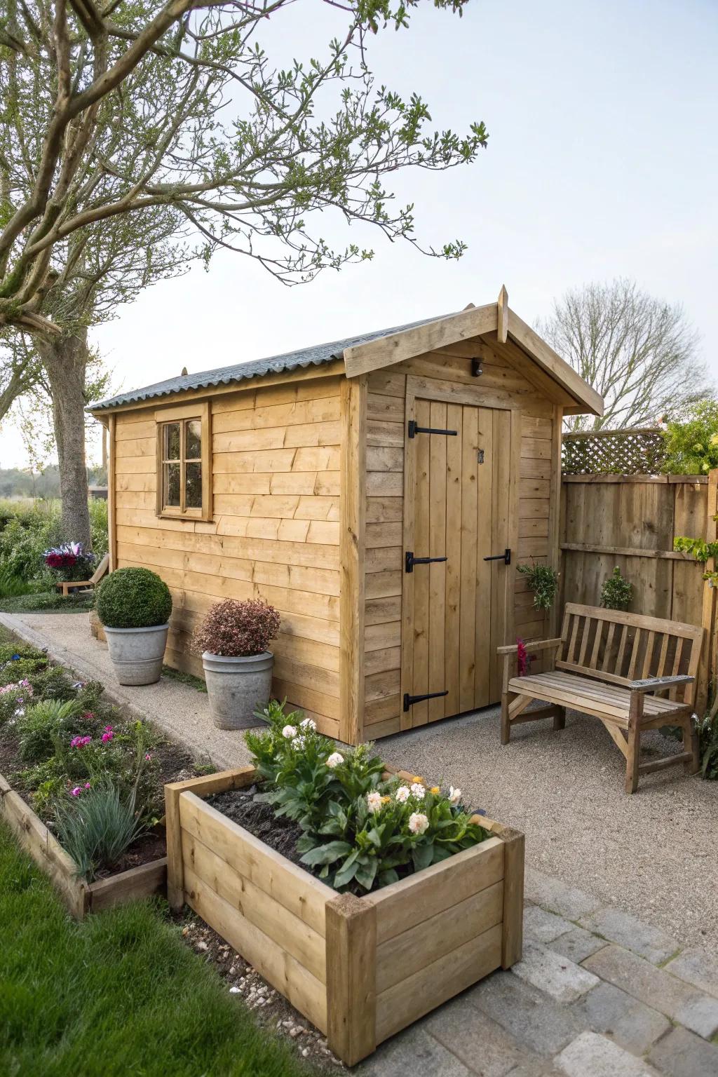 A natural wood shed, an embodiment of warmth and charm.