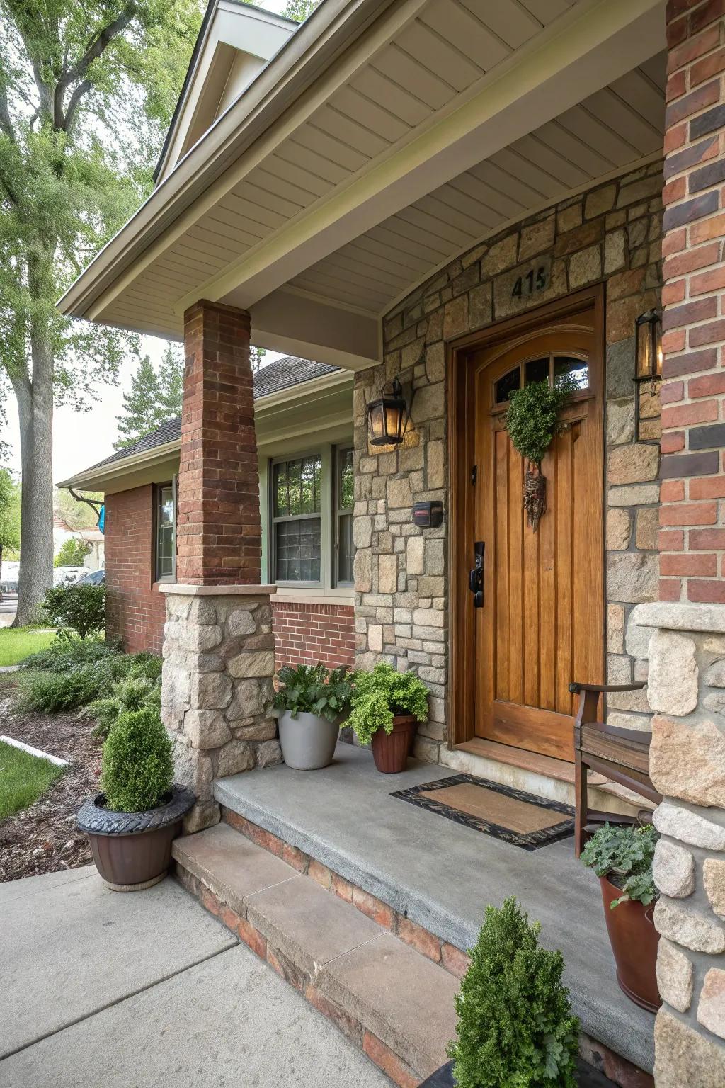 A small front porch enhanced by textured stone and brick elements, adding visual interest and depth.