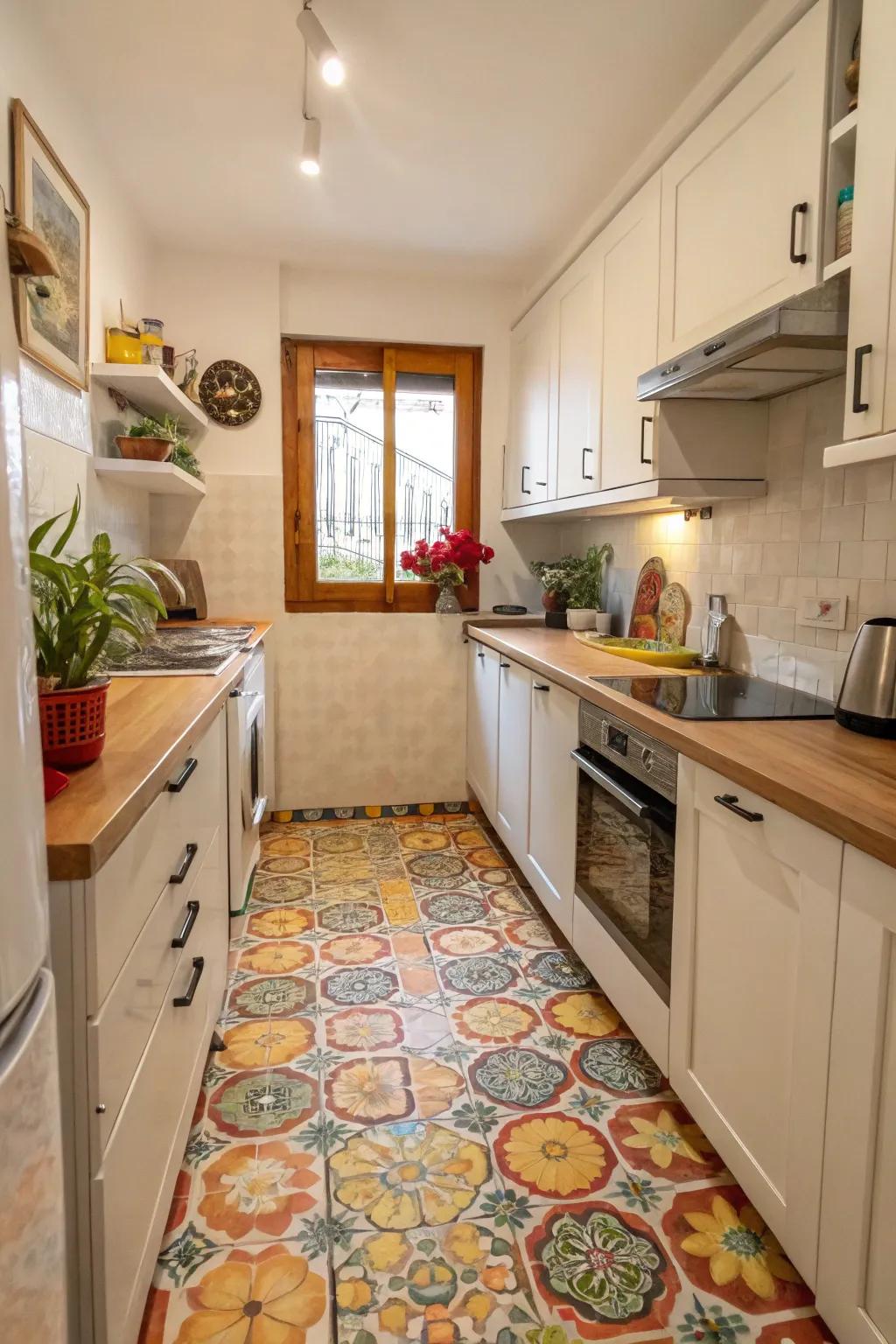 Bright accent coverings adding vibrancy to a small kitchen