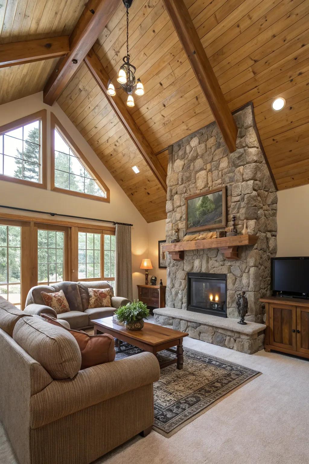Layered touch sensations introduce depth and abundance to this vaulted ceiling living room.