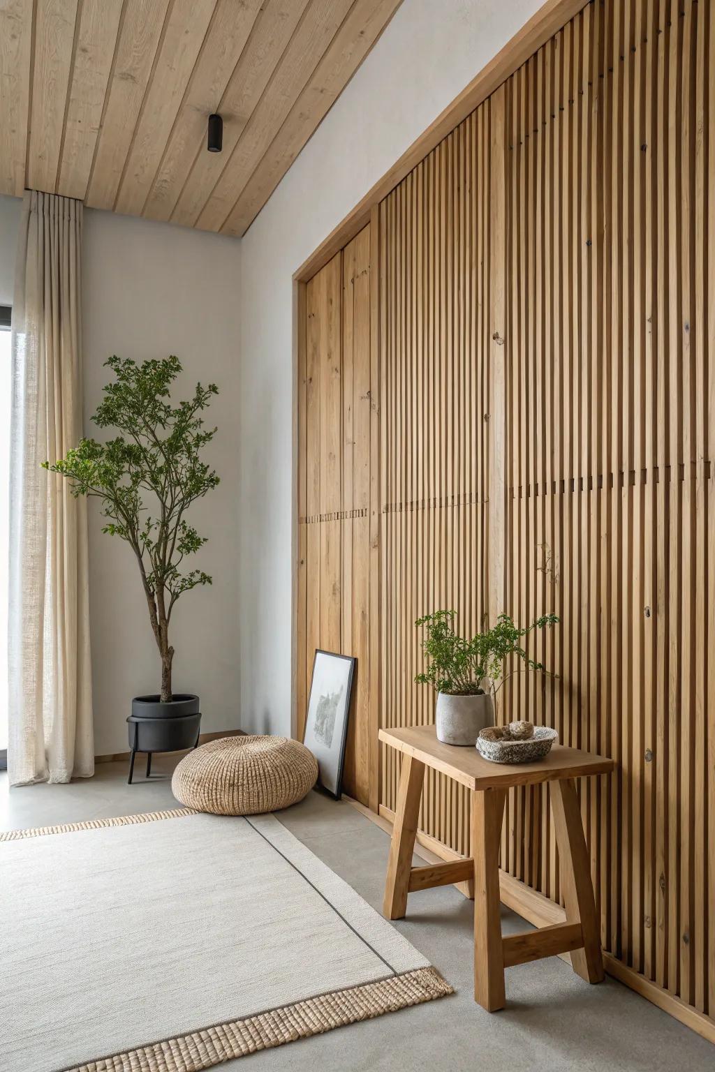 Achieve serenity with a natural timber panel wall that complements minimalist decor.