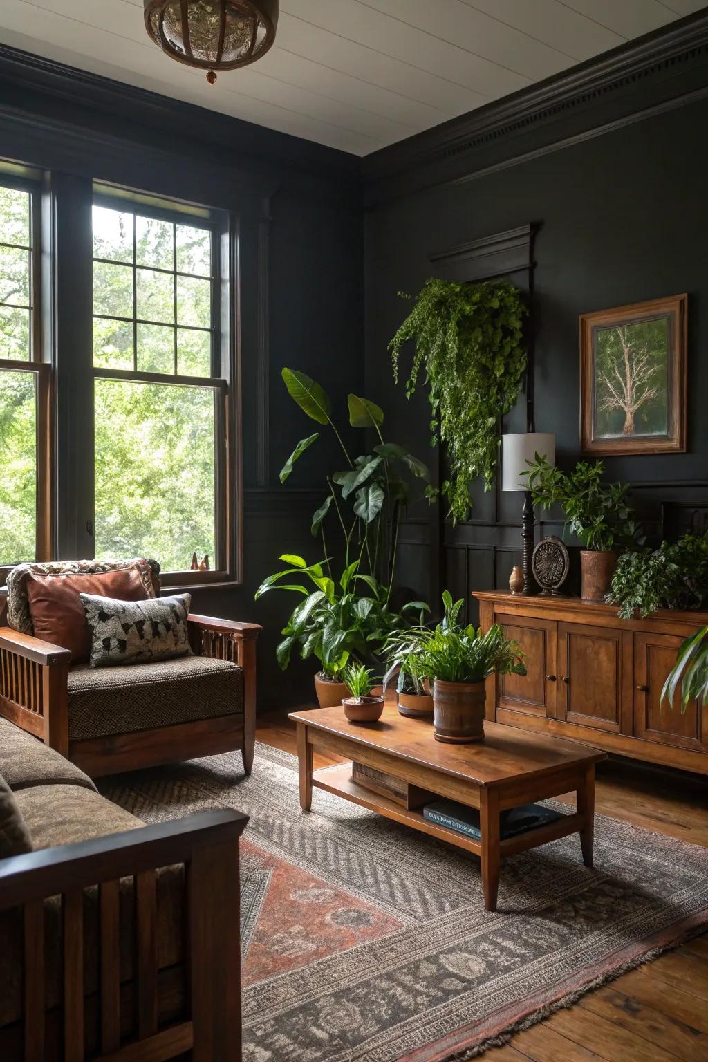 Natural elements like wooden furniture and plants in a moody living room.