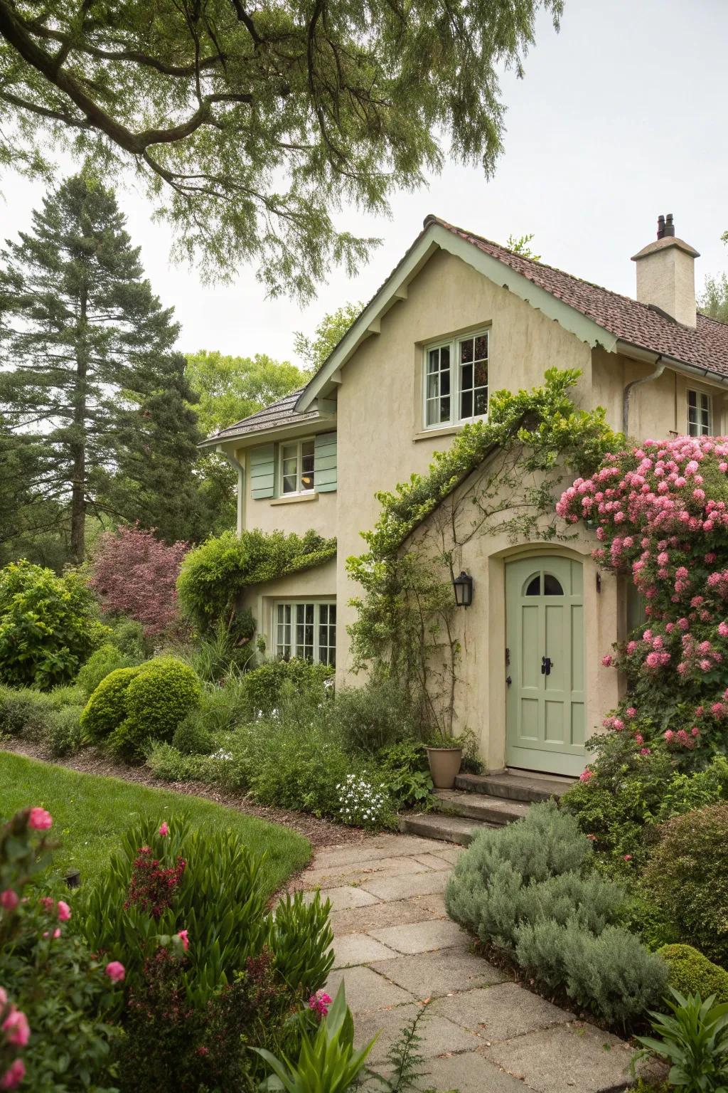 Soft lichen front door delivers a tranquil and natural presentation to a beige house.