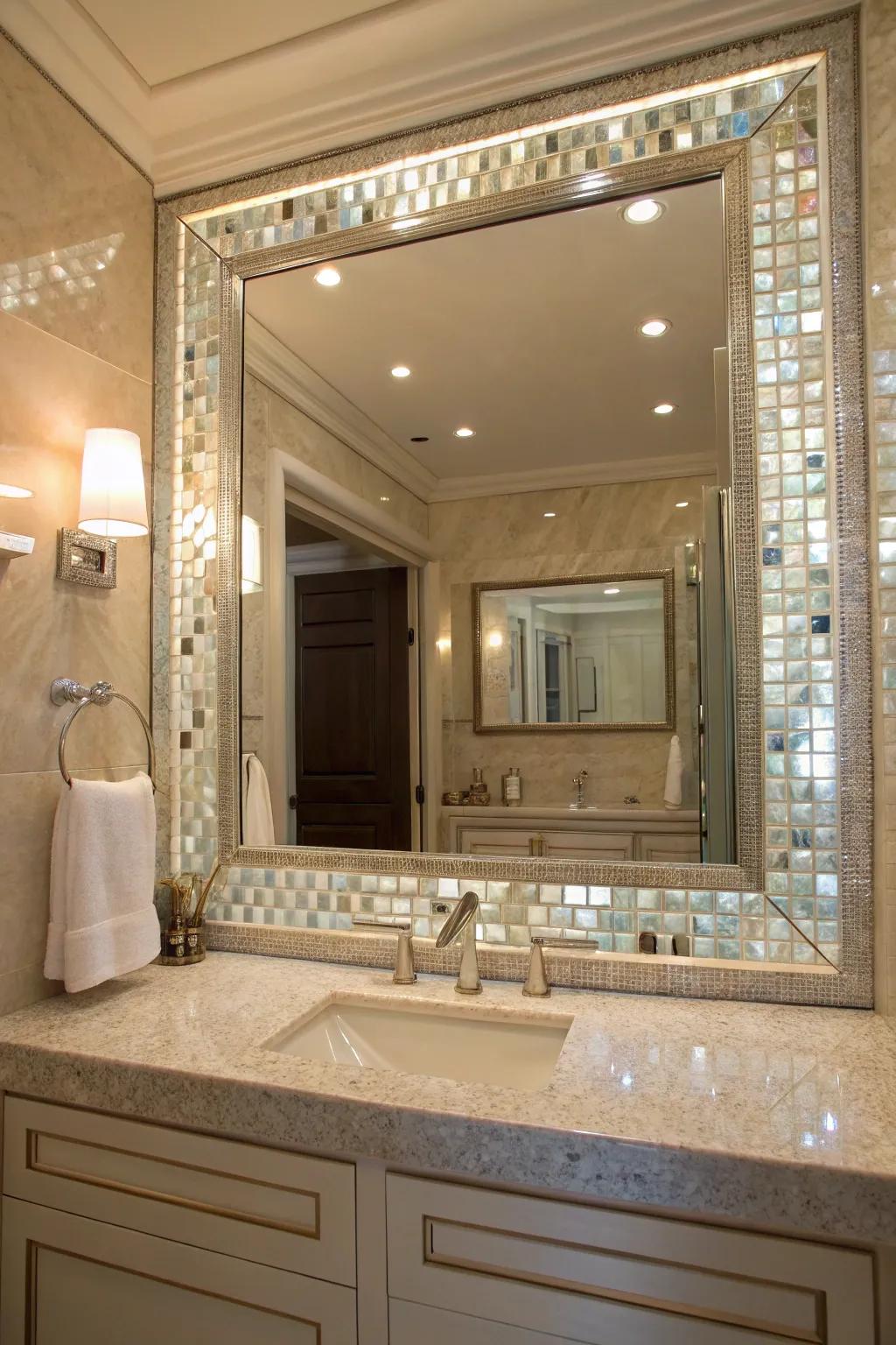 A mother of pearl mirror frame infuses a touch of sophistication and refinement.