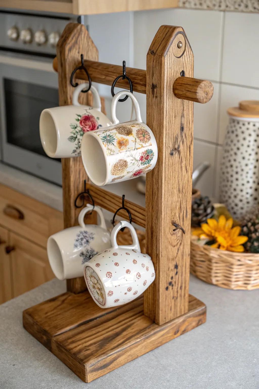 Design a personalized mug display with a custom holder.