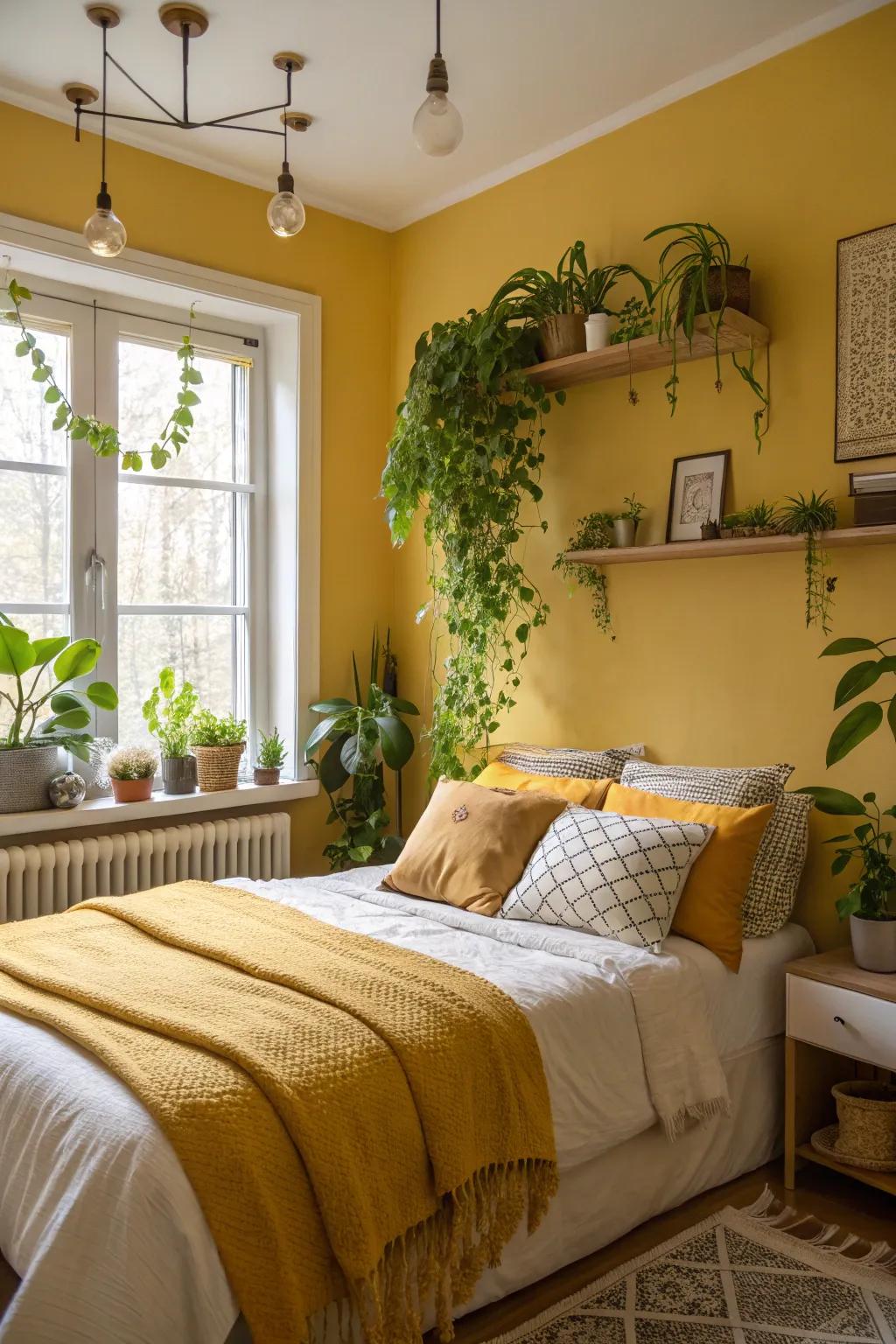 An internal sleeping space displaying goldenrod-shaded features and abundant green foliage.