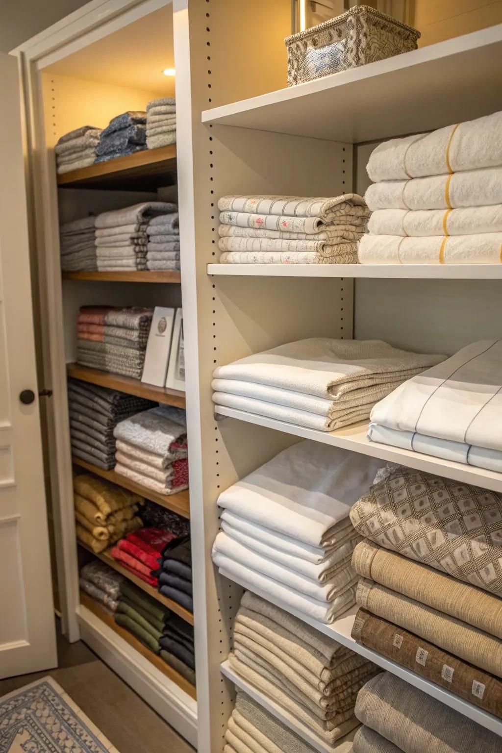 A perfectly arranged linen closet, housing napkins along with other linens.