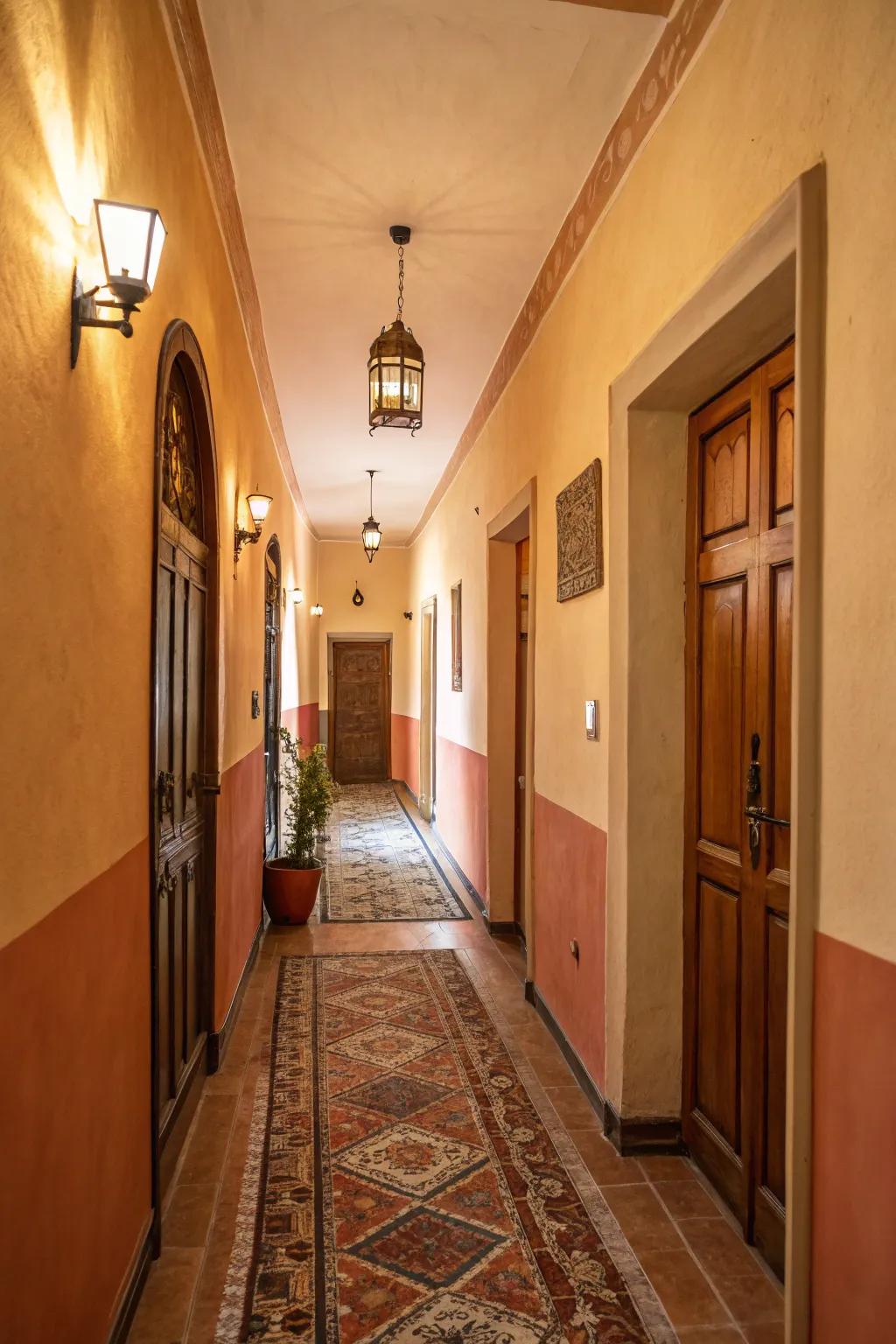 Warm subtleties infuse coziness and continuity into a narrow hallway.