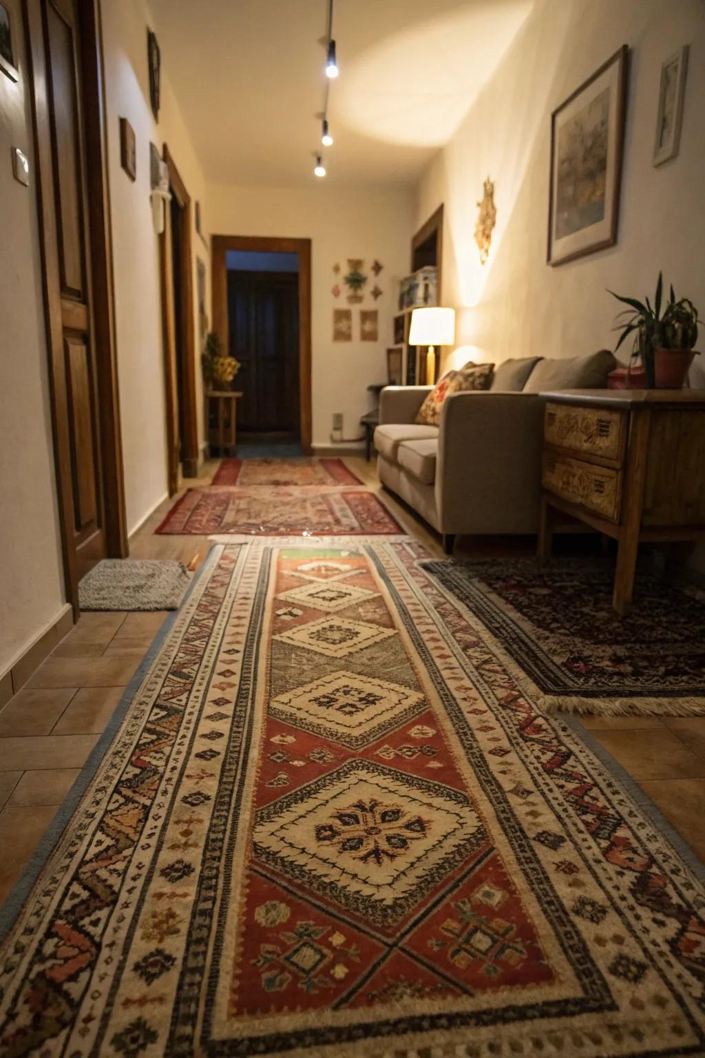 Layered floor coverings adding texture and warmth to a narrow living room.