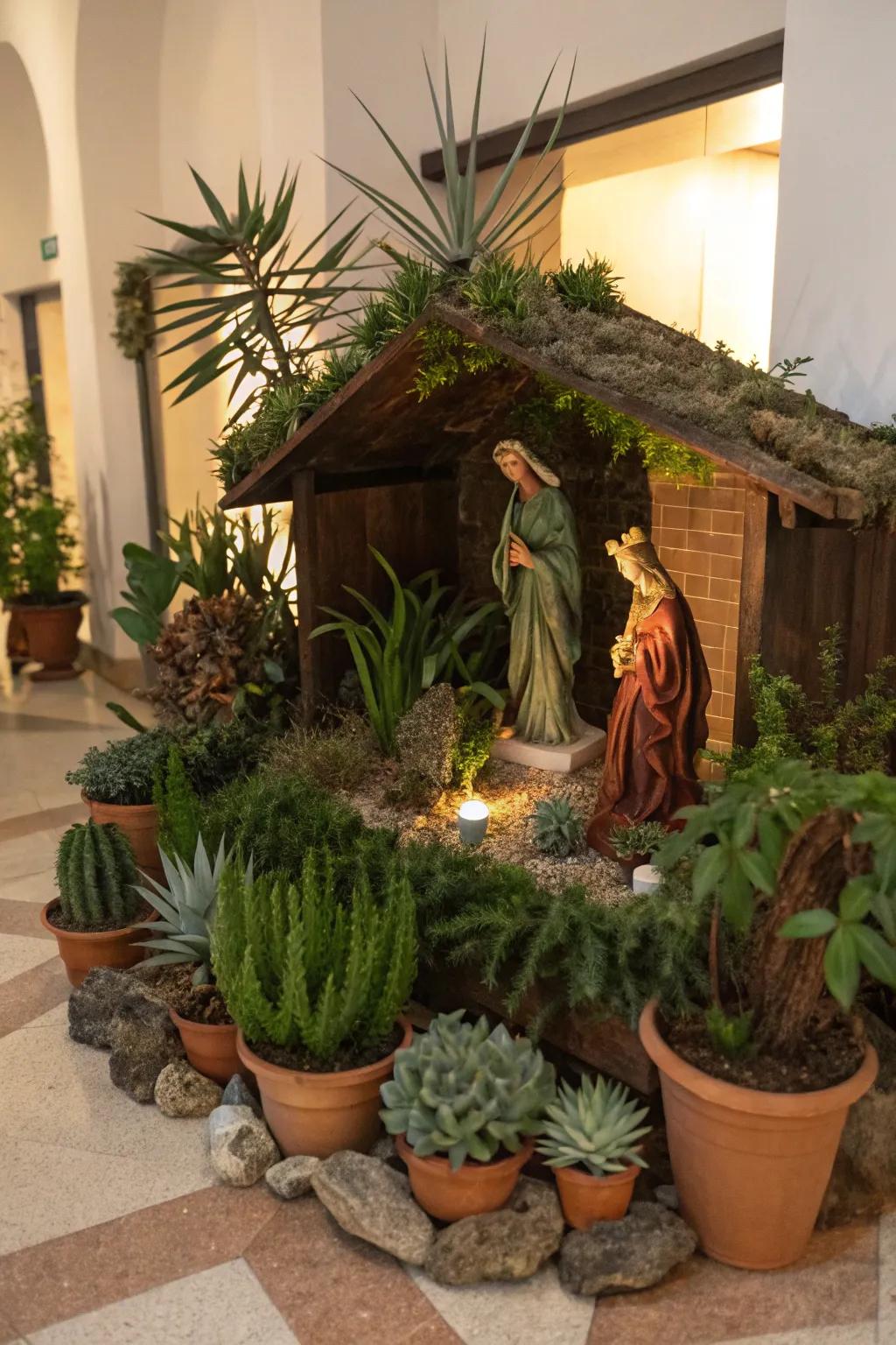 A landscaped nativity presentation featuring vibrant greenery.