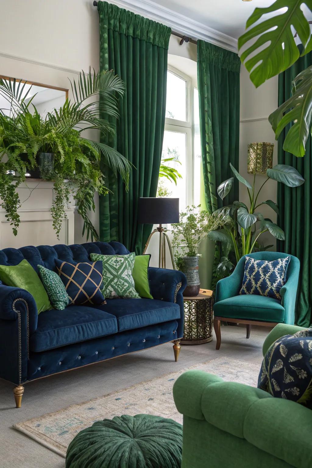 Indoor plants complement the verdant shades and add vibrancy.