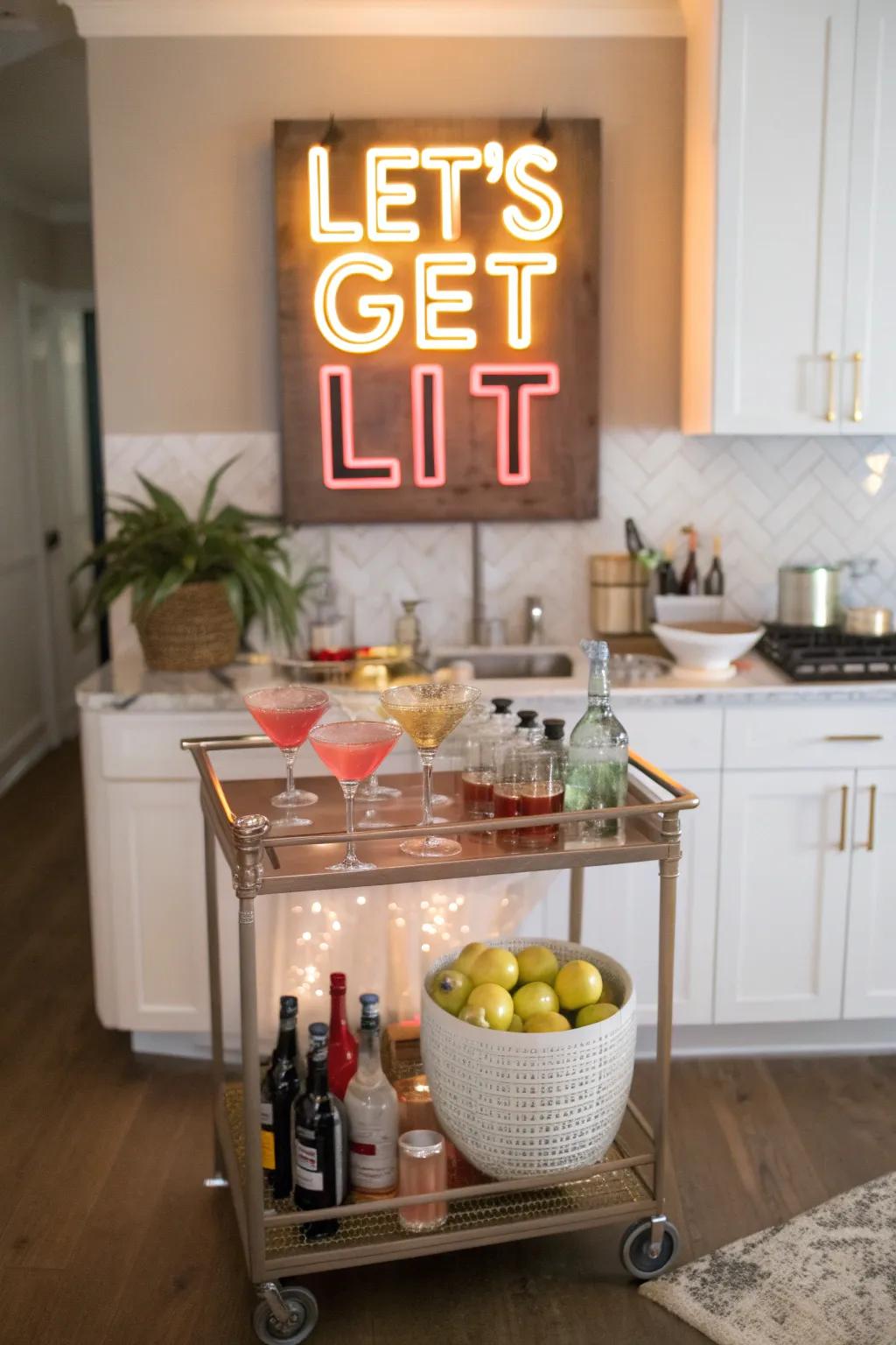 A playful neon design adds fun to a modern dining area bar.