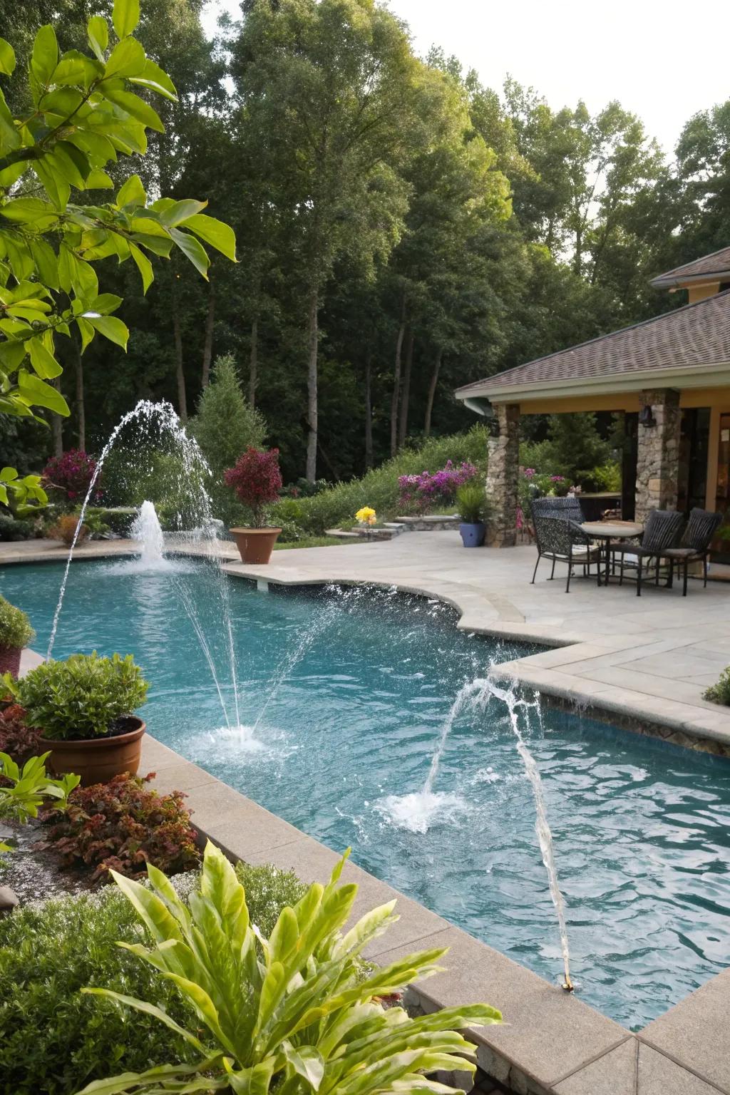 A pool with spouts, contributing a playful and soothing attribute to the backyard.