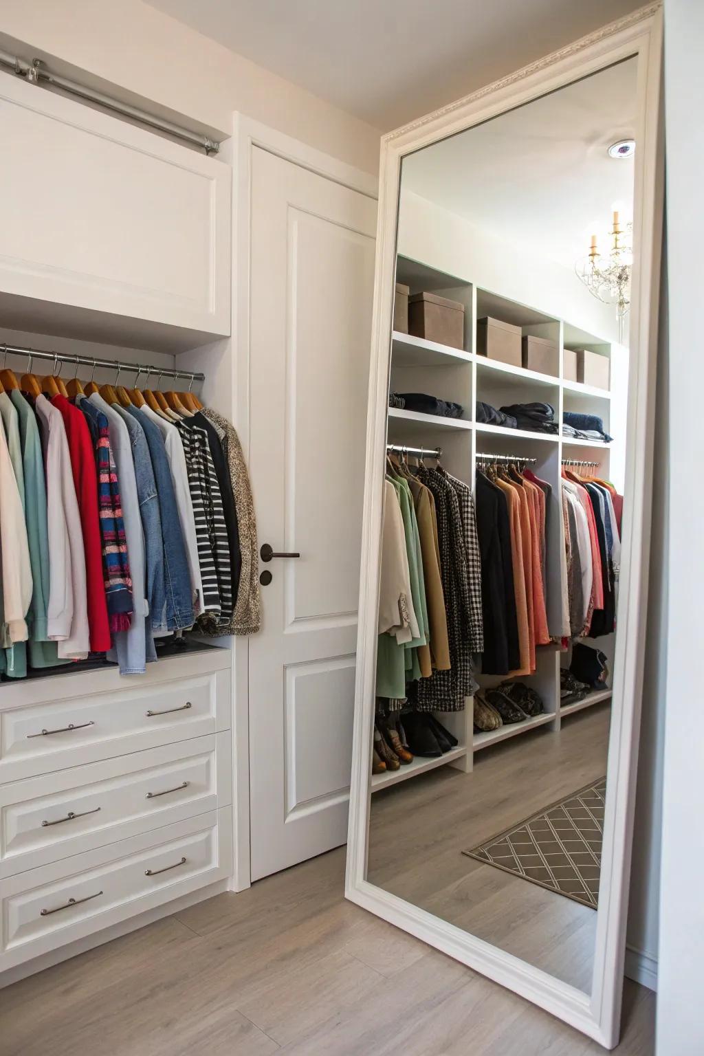 Spacious closet that is enhanced by a large mirror