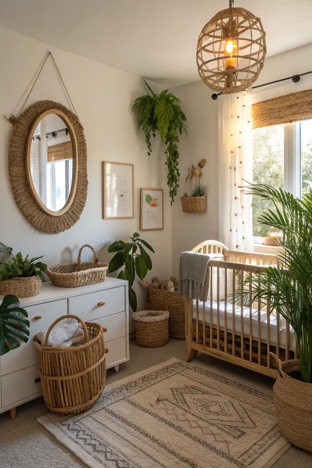 A wicker-framed reflector contributes an earthy element to this nursery.
