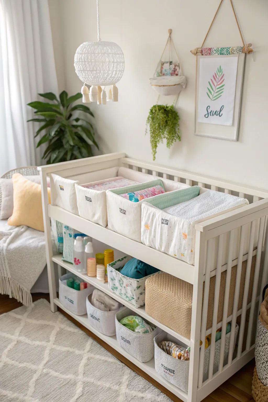 Effective application of under-baby bed space via storage bins designed for extra supplies.